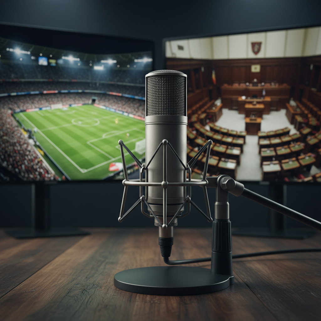 A close-up of a sturdy metal microphone mounted on a shock mount, positioned on a dark wooden desk. In the blurred background, two large flat screens display different scenes: one shows a high-angle view of a packed football stadium under floodlights, the other a formal legislative chamber with rows of empty seats and a central podium. Cool, balanced studio lighting illuminates the microphone’s textured metal grille and the smooth grain of the desktop, with soft reflections on the screens. The mood is professional and investigative, suggesting in-depth commentary. Framed using the rule of thirds with a shallow depth of field in photographic realism, the composition places the microphone in crisp focus as the central tool for explaining the ‘why’ behind political and football events.