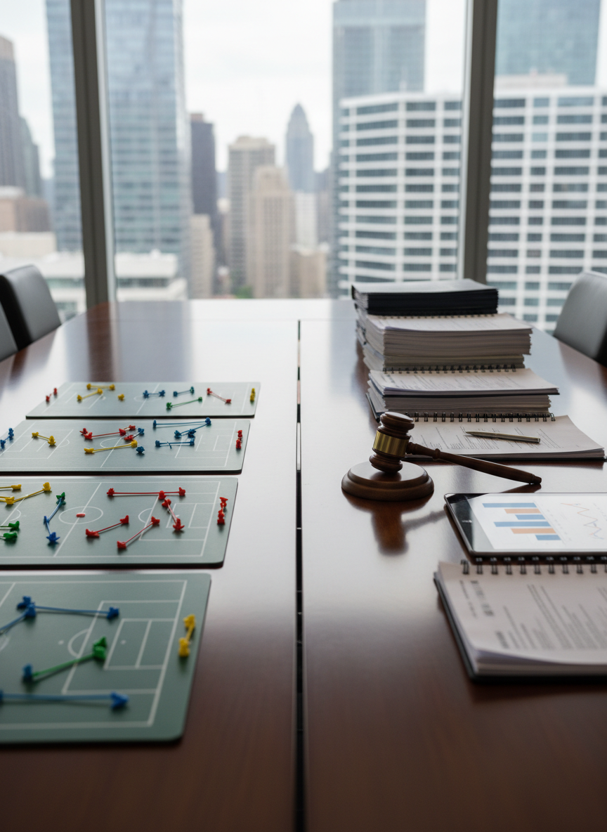 A large, polished wooden conference table is neatly divided down the middle: on one side, miniature football tactics boards with colored magnetic markers forming complex formations; on the other, stacks of legislative documents, bound reports, and a sleek metal gavel resting beside a tablet displaying graphs. The room is a modern, minimalist meeting space with floor-to-ceiling windows showing a blurred urban skyline. Soft, diffused daylight enters, creating gentle reflections on the table’s varnished surface. The mood is serious and investigative, evoking strategic analysis. Photographed from a slightly elevated, three-quarter angle with sharp focus throughout, the image has a clean, professional, photographic realism that visually connects the strategy of politics with the tactics of football.