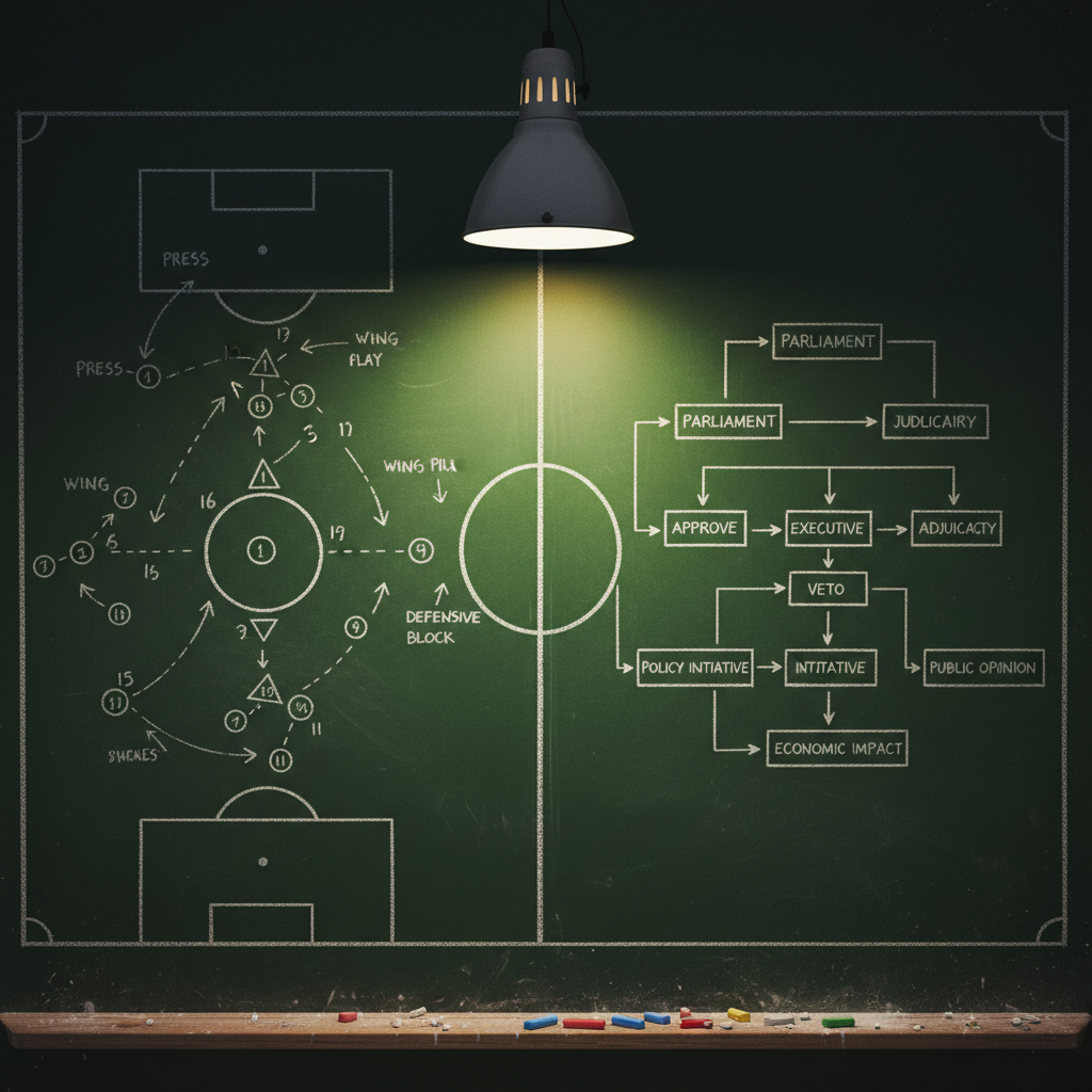 An overhead shot of a green chalkboard split visually into two halves: on the left, intricate football tactics drawn in crisp white chalk, with arrows, circles, and numbered positions; on the right, a carefully structured political flowchart mapping decisions, institutions, and consequences. Small colored chalk pieces are scattered along a narrow wooden ledge at the bottom, some dust smudges adding texture. A single adjustable industrial-style lamp hangs above, casting focused, warm light that creates subtle vignetting around the edges. The atmosphere is studious and investigative, emphasizing depth of thought. The composition is symmetrical yet clearly divided, captured in high-resolution photographic realism, evoking the idea of dissecting both politics and football with equal analytical rigor.